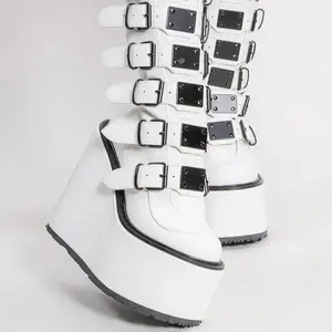 Women's White Round Toe Wedge Platform Belt Buckle Motorcycle Stage Party Boots