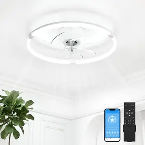 Low Profile Ceiling Fan with Lights and Remote, 19.7in Bladeless Ceiling Fans with Light Flush Mount, Dimmable Modern LED Fan Light, White Fandelier Ceiling Fans for Bedroom,Living Room