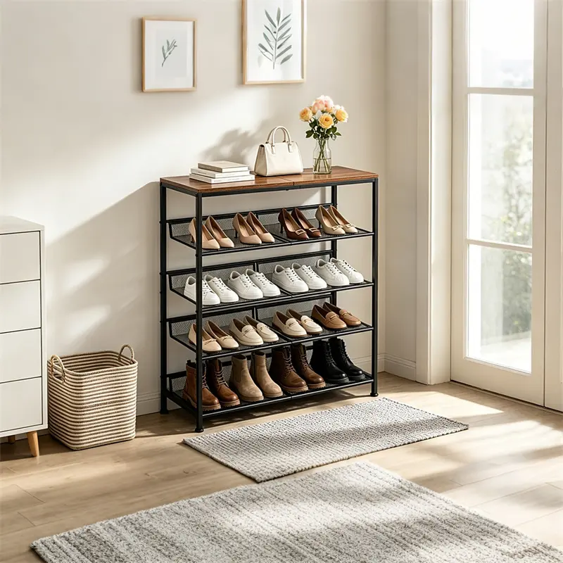 Say Goodbye to Shoe Clutter! 5-Tier Industrial Shoe Rack – Holds 20 Pairs, Adjustable Mesh Shelves, Rustic Brown