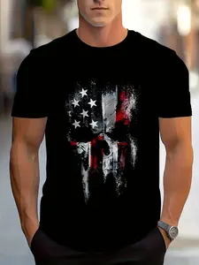 Men'S Black T-Shirt Featuring an American Flag Skull Design, Made from 100%.It'S Breathable, Wrinkle-Resistant, And Has a Crew Neck.This Black Shirt Is a Perfect Christmas Gift And Patriotic Apparel, Crafted from Ultra-Soft Breathable Material