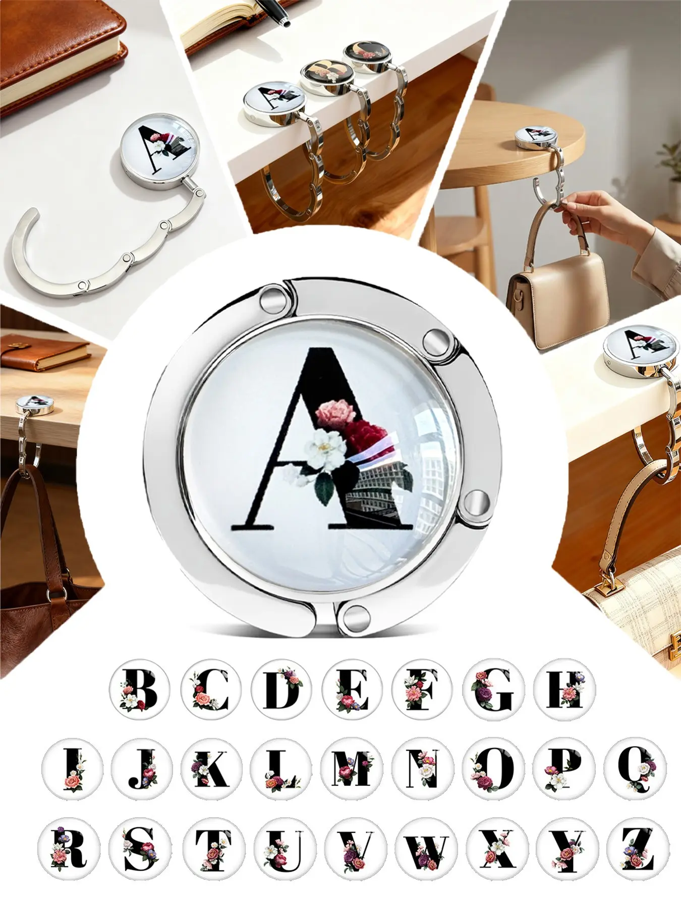 Handbag Holder, Foldable Folding Zinc Alloy Purse Hook with Letters A-Z, Table Hook Holder, Bag Hanger, Better Protection and Display of Your Bags, Women's Gift, Valentine's Day Gift, for Offices/Restaurants/Cafes/Outdoor, Bag Accessory