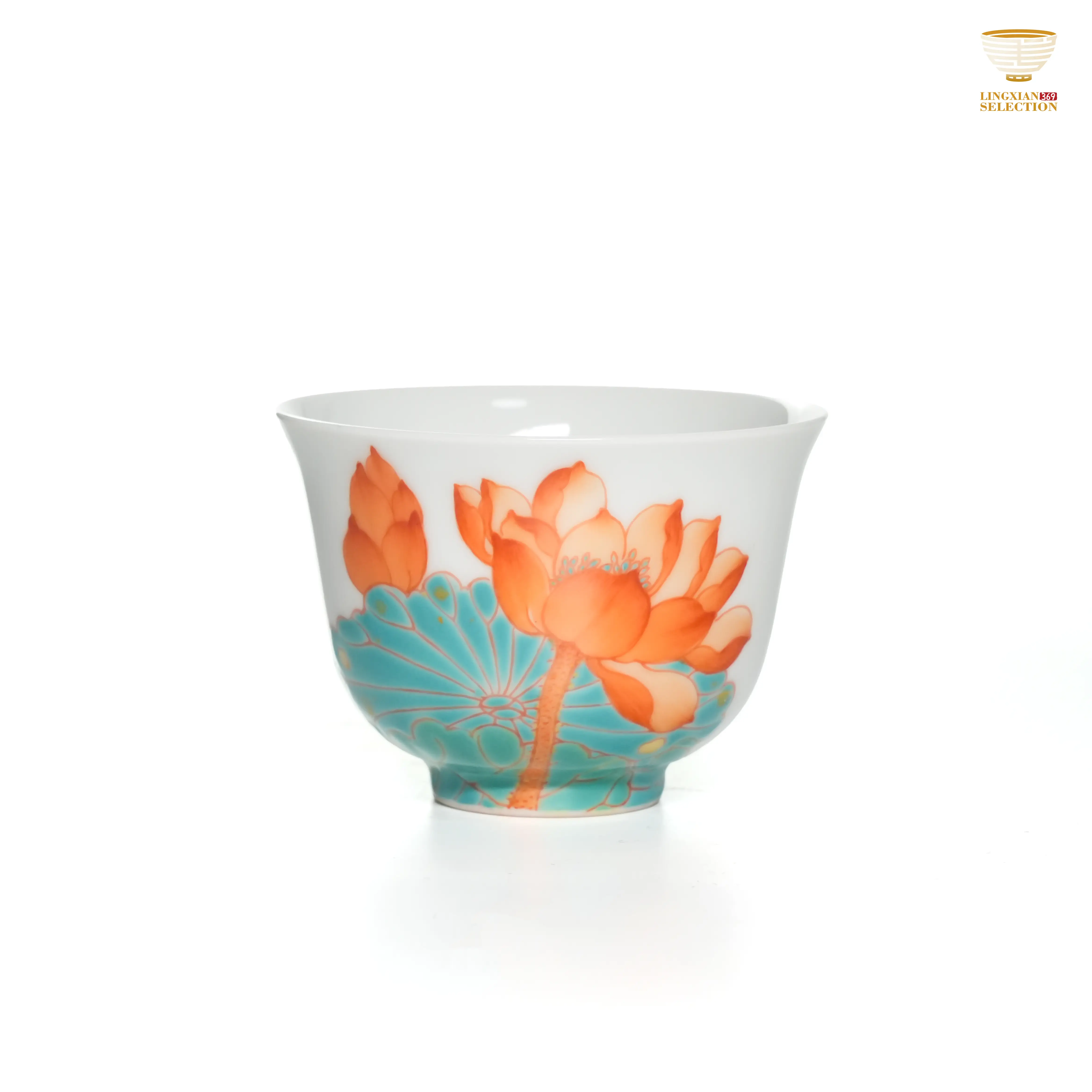 Gushan Kiln Blue and White Porcelain Red and Green Enameled Lotus Gaiwan & Tea Cup & Plate