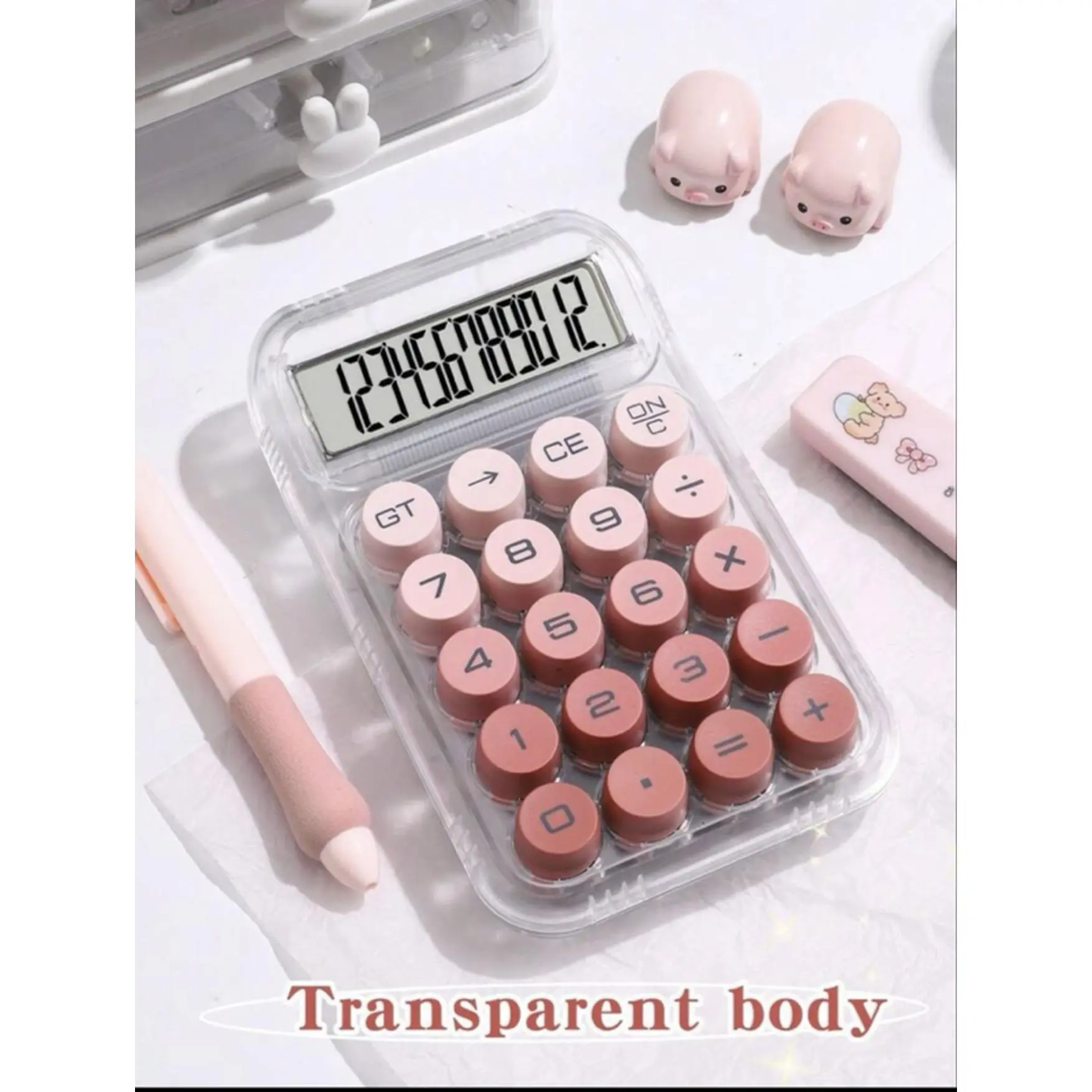 Transparent Body Calculator with Pink Buttons and Clear Housing for Easy Visibility and Durability