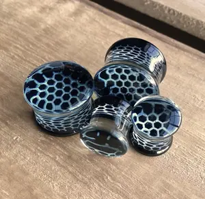 PAIR of Unique Black Honeycomb Design Pyrex Glass Double Flare Plugs - Gauges 2g (6mm) through 5/8" (16mm)