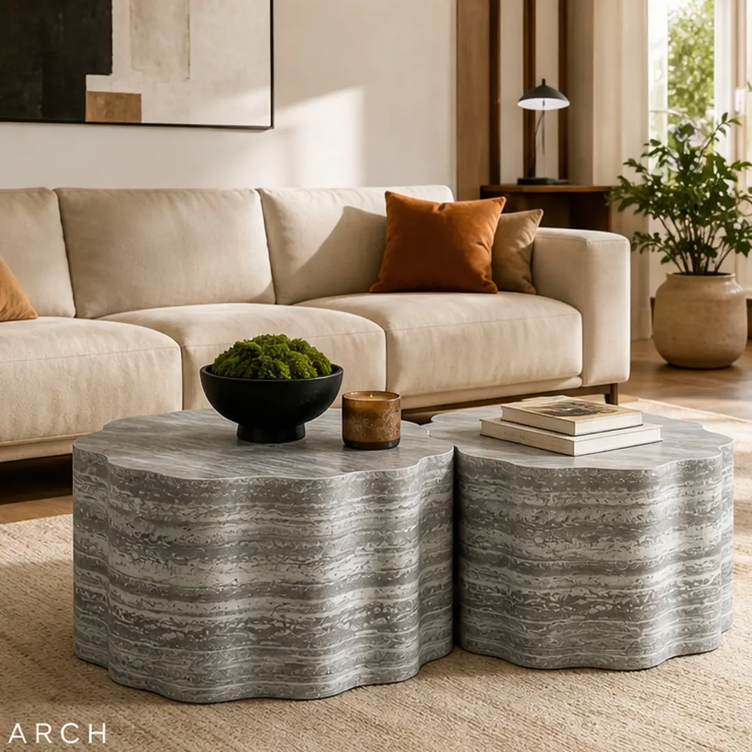 Set of 2 Round Coffee Tables for Living Room, Faux Marble Pattern Modern Minimalist Side Tables Accent End Table for Apartment Office, Beige Grey MDF, 26.77x26.77x14.96 in, No Assembly Needed, Beige+Grey Color Options, MDF Material