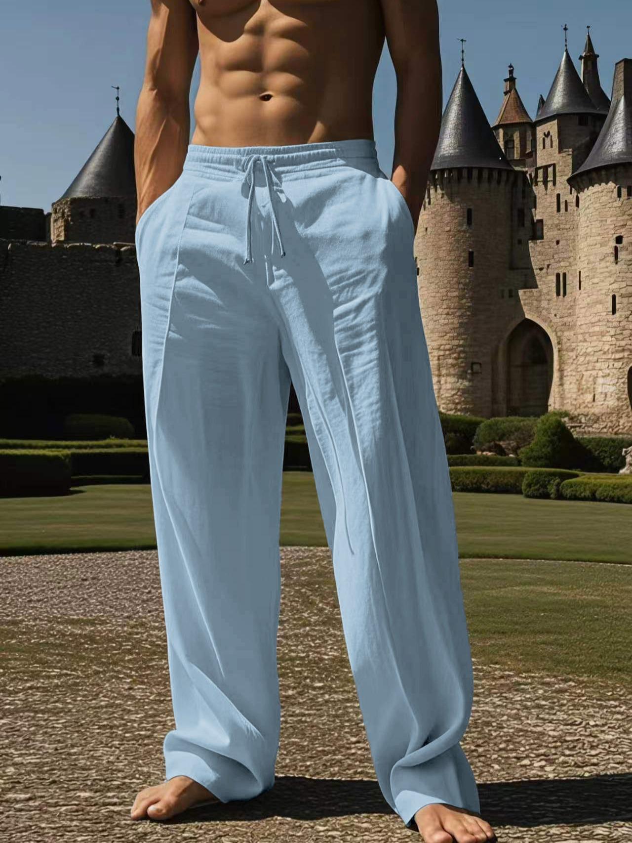Men’s comfortable solid-color straight-leg pants—casual loose fit with drawstring elastic waistband and pockets; long pants suitable for summer beach vacations and everyday wear.