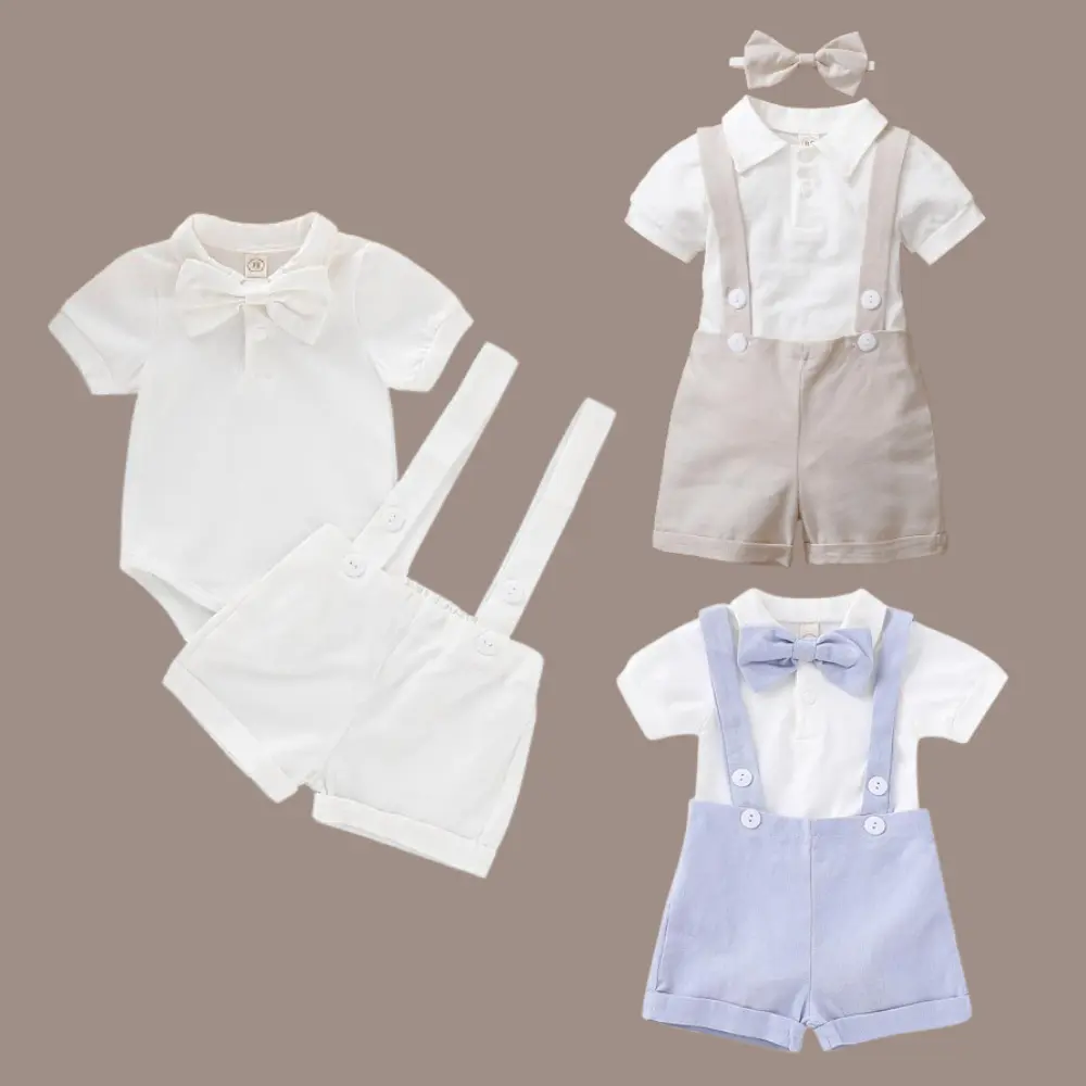 Ready Stock Christening Newborn Baby Boys Clothes Baby Boys 2PCS Outfits Short Sleeve Lapel Romper Tops Overall Shorts Gentle Set White Christian baby baptism dress 190390-1 toddler