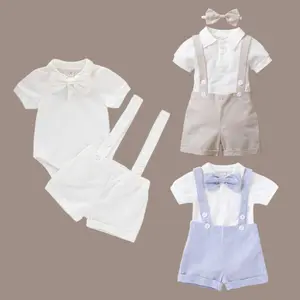 Ready Stock Christening Newborn Baby Boys Clothes Baby Boys 2PCS Outfits Short Sleeve Lapel Romper Tops Overall Shorts Gentle Set White Christian baby baptism dress 190390-1 toddler