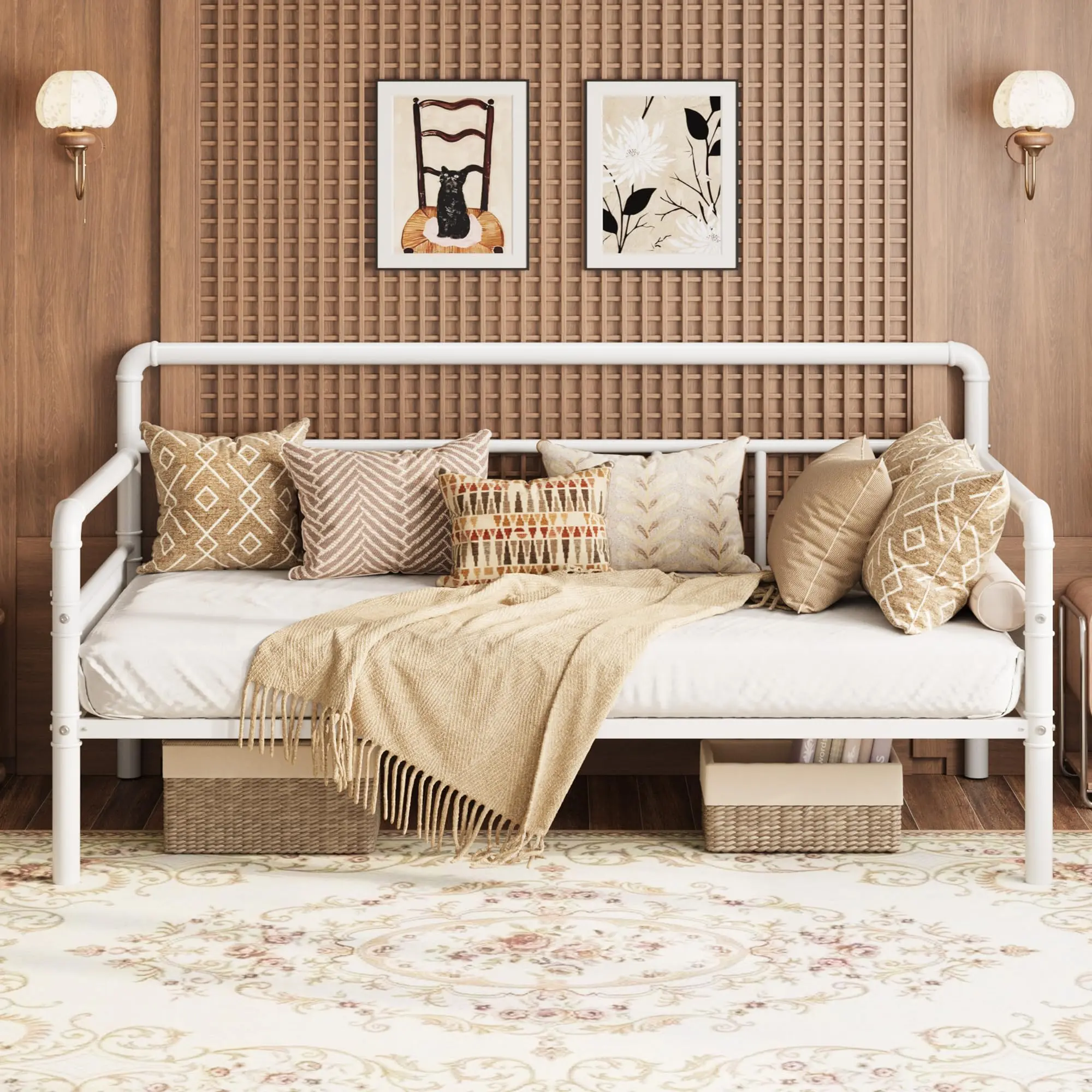 Twin Bed Frame - Heavy-Duty Vintage Metal Daybed with Classic Headboard, Durable Steel Slats Support, Wobble-Free Noise-Free Design, No Box Spring Needed for Living Room, Bedroom, Durable Steel Bed Frames, Elegantly Curved, Wood Grain