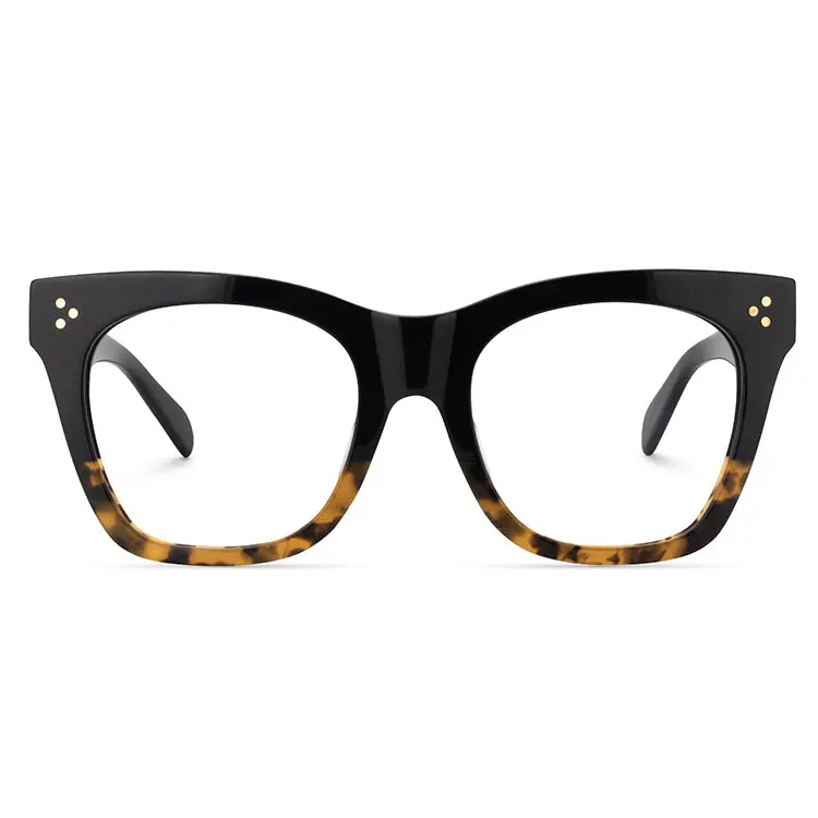 Unisex High Quality Vintage Aidan Eyeglasses - Classic Hand-Polished Acetate Rectangle Tortoiseshell Thick Frames, Contrast Colors, Plastic Lens