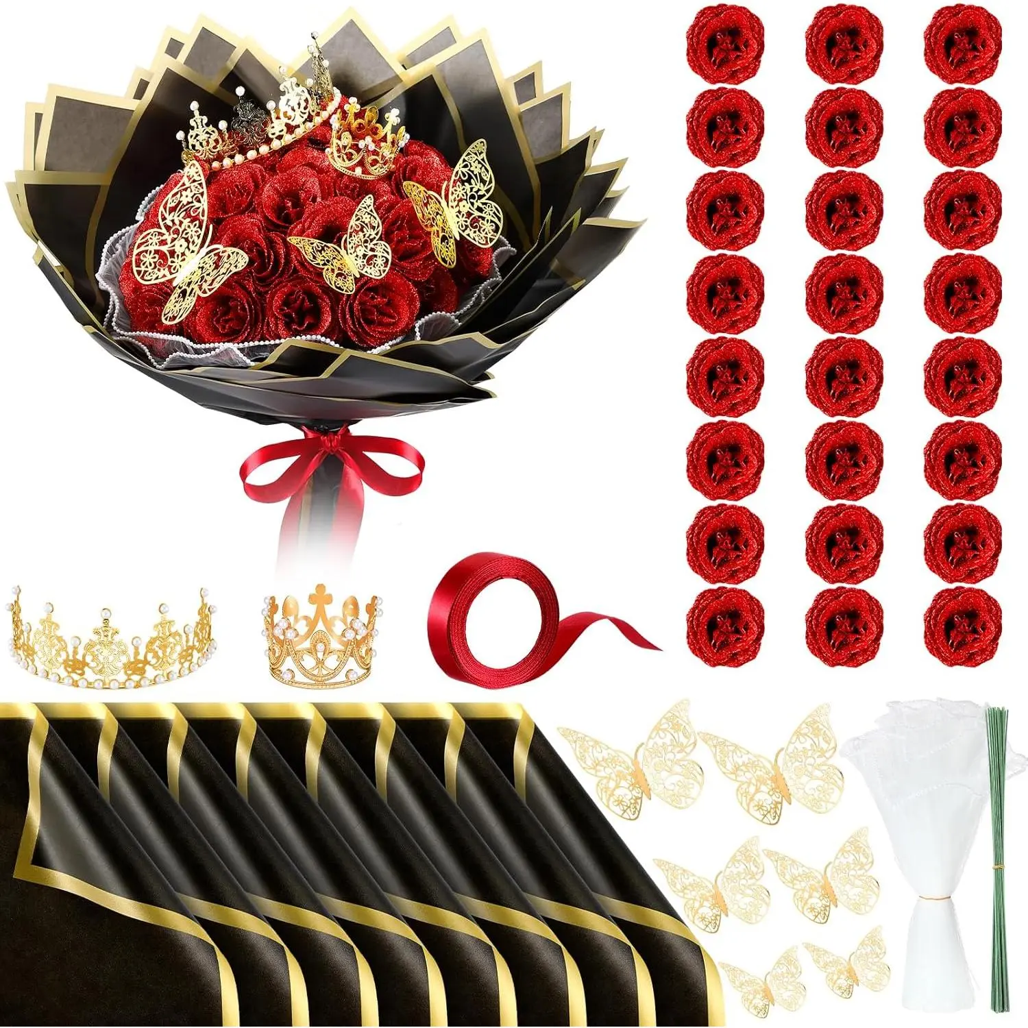 24 Pcs Valentines Glitter Roses Bouquet Gifts Artificial Rose DIY Flower Bouquet Kit Birthday Gifts Flower Wrapping Paper 3D Butterflies Crowns for Anniversary (Red)