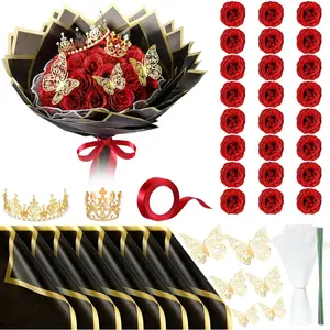 24 Pcs Valentines Glitter Roses Bouquet Gifts Artificial Rose DIY Flower Bouquet Kit Birthday Gifts Flower Wrapping Paper 3D Butterflies Crowns for Anniversary (Red)