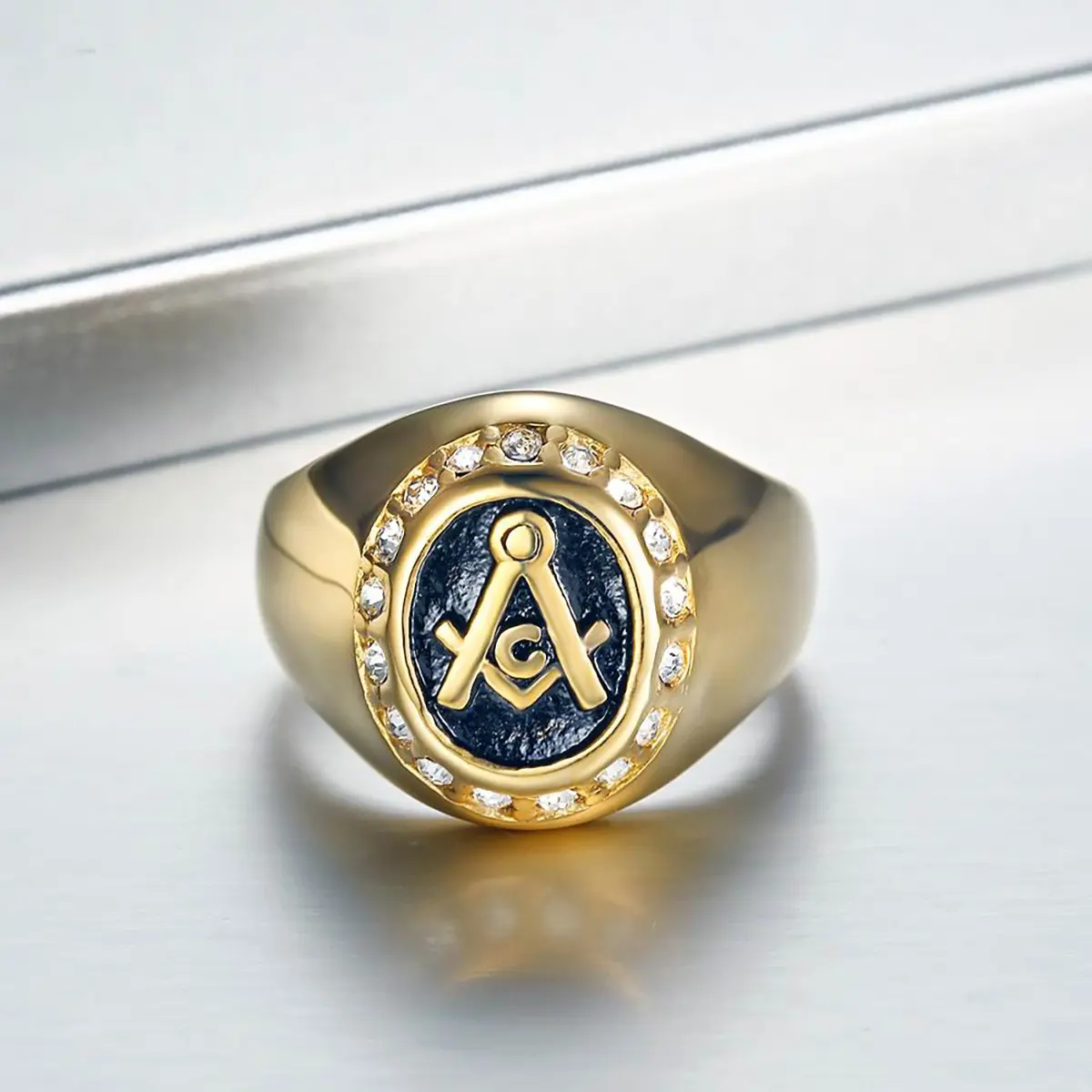 High-End Hip-Hop Stainless Steel Freemason Emblem-Seal Couple Ring, Letter & Geometric Design Luxury Costume Jewelry, Daily Wear Accessory for Boyfriends