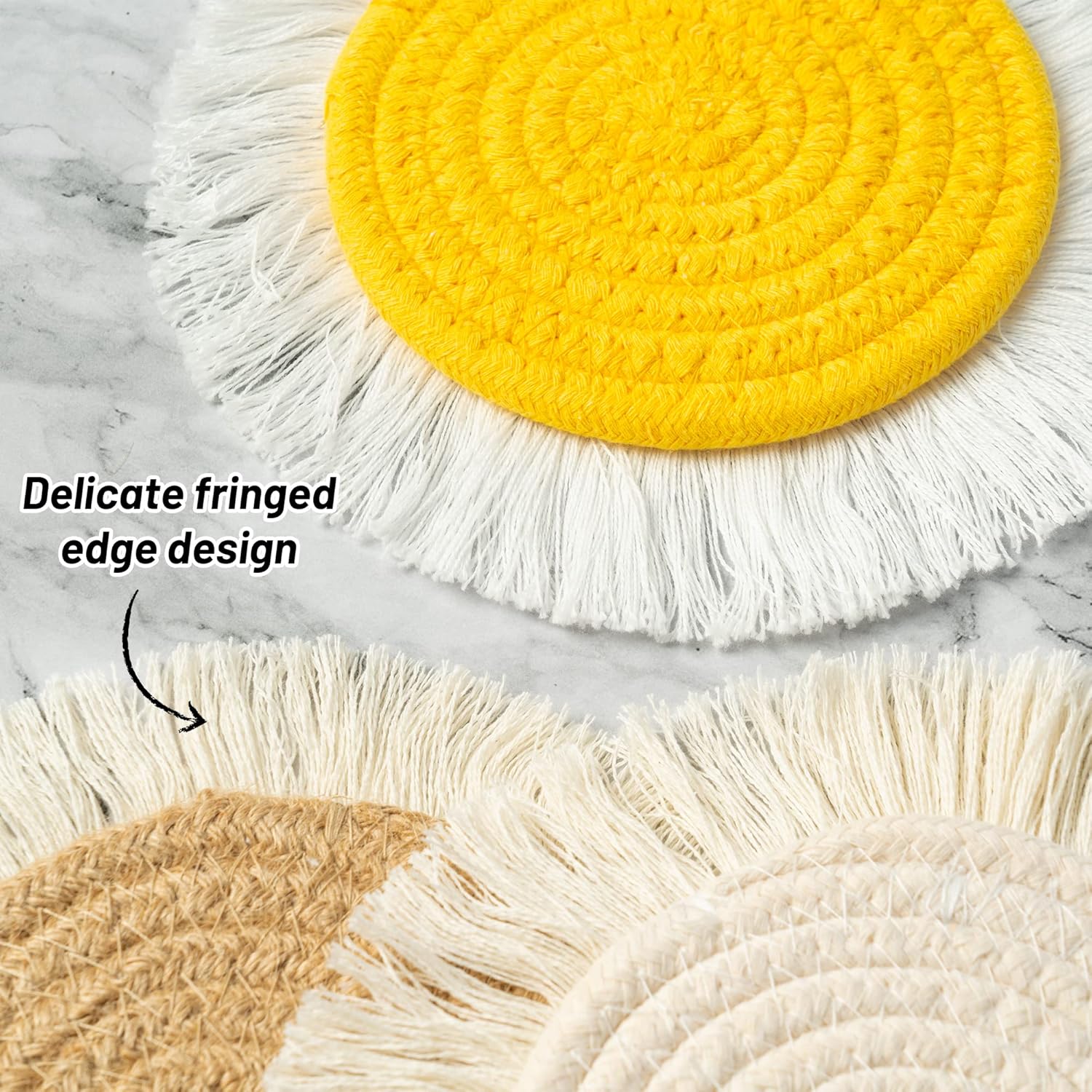 4Pcs Cotton Trivets Pot Holders for Kitchen Heat Resistant Hot Mats with Tassel Hand Woven Potholder Rustic Boho Style Farmhouse Home Decor Washable Hot Pads for Baking and Cooking 7.7"