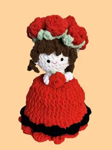 Handmade Crocheted Rose Doll Bride Flower in Red Dress with Green Accents 13inch Tall Decorative Crochet Flower for Elegant Settings