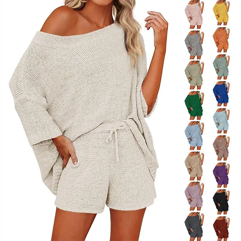 Fisace Women's 2 Piece Outfits Sweater Sets Off Shoulder Knit Top Shorts Matching Suits Cute Pajama Lounge Set