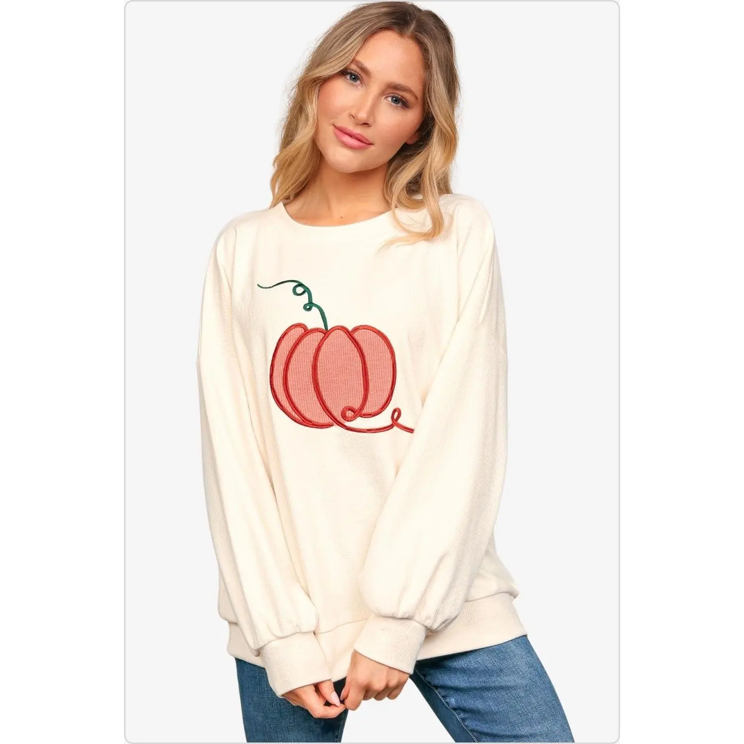 Women's Embroidery Pumpkin Long Sleeve Knit Sweater in Ivory