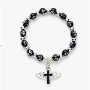Acrylic Cross Beaded Bracelet - Enamel Angel Cross Rosary Bracelet