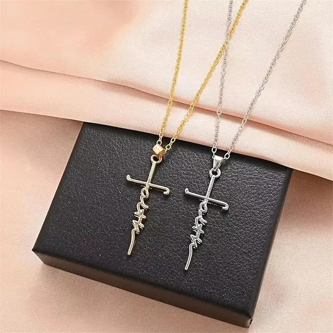 2Pcs Faith Cross Pendant Necklace, Trendy Letter Cross Necklace, Gold‑Tone Silver‑Tone Religious Faith Jewelry for Women Daily Wear