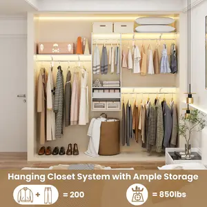 Cyclysio 8FT Hanging Closet System, 96 Inch Closet Organizer System with Hanging Rod, Walk In Mounted Closet System, Built-In Clothes Garment Rack with 3 Shelving Towers(Can Be Cut To Fit)