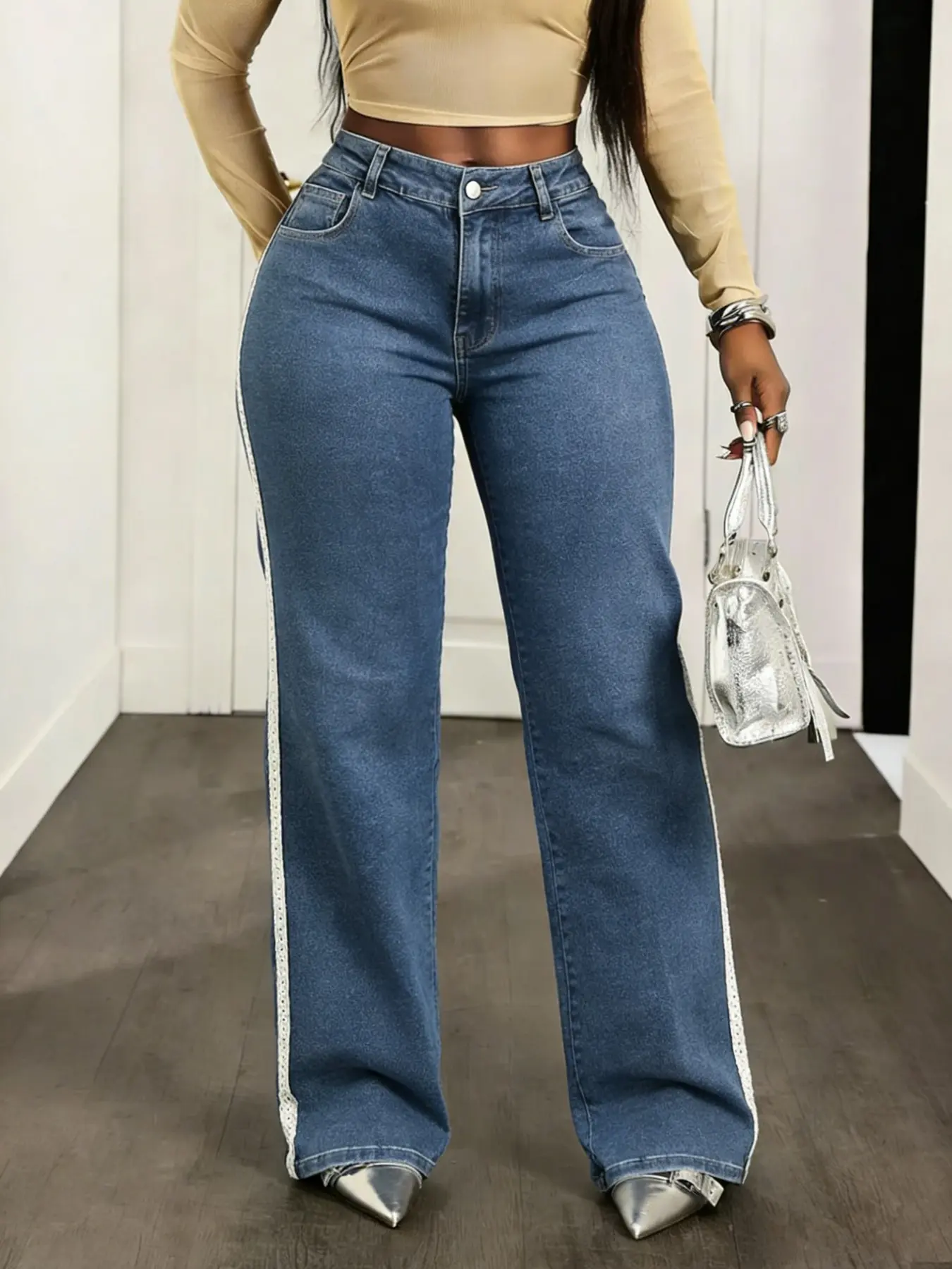 Women's High-Waisted Wide-Leg Denim Jeans Pants, Light Blue Washed Side Tie Stripes, Heart Back Pocket, Trendy Street Style, Casual Daily Wear