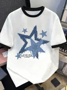 Women's Summer Patchwork Round Neck T-Shirt, Casual Geometric Animal Print, Short Sleeve, Daily Wear, Y2K Style