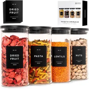 Glass Storage Containers with Black  [4x40oz] Extra Thick Glas with 54 Labels - Canister For Pantry Noodles Flour Cereal Rice Sugar  Coffee Beans - Round Set