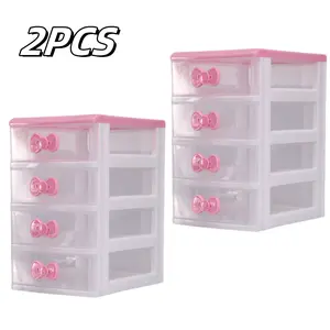 2PCS Girls Cute Lovely Color Storage Box Makeup Organizer, 4 Layers Cute Storage Cabinet Box with Bow Handle, Desktop Storage Box for Home Bedroom Bathroom Women Girl Gifts