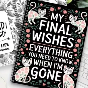 Life End Plan Notebook, My Last Wishes Guided Workbook, Will Preparation and Funeral Arrangements, Floral Design, Cat Pattern, Paper Material, Aesthetic Notebook