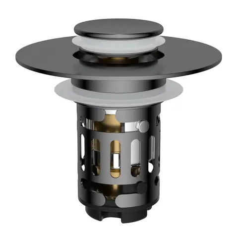 Hibbent Upgraded 3-in-1 Bathroom Sink Drain Strainer (Bathroom Decor) - Universal Pop-Up Stopper, Removable Basket, Stainless Steel Anti-Clogging Hair Filter, Brass Bullet Core Plug, Twist-Off Clean, 1.1"-2.36" Basin Fit, Grey Water Storage Accessory