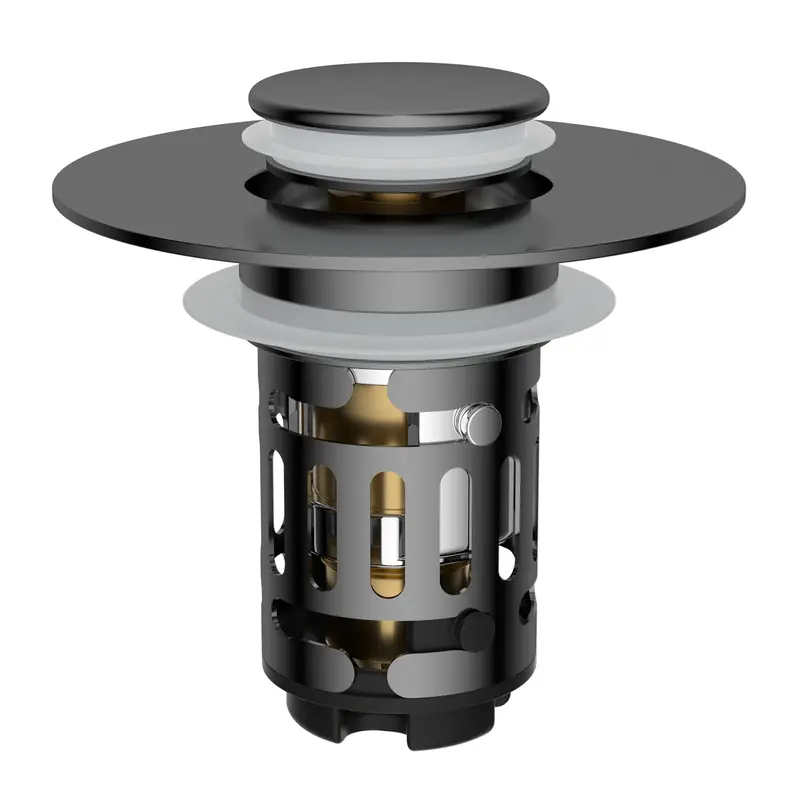 Hibbent Upgraded 3-in-1 Bathroom Sink Drain Strainer (Bathroom Decor) - Universal Pop-Up Stopper, Removable Basket, Stainless Steel Anti-Clogging Hair Filter, Brass Bullet Core Plug, Twist-Off Clean, 1.1"-2.36" Basin Fit, Grey Water Storage Accessory