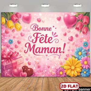 Durable Polyester 2D Mother's Day Decorated Throws & Backdrop Banners - Adorned with Pink Hearts, Colorful Daisies, Tulips, Gift Boxes, Starry Background, French Phrase 'Bonne Fête Maman'