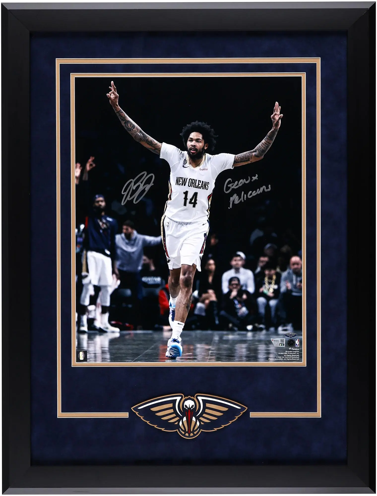 Brandon Ingram New Orleans Pelicans Framed Autographed 16" x 20" Celebrating Three Versus Brooklyn Photograph with "Geaux Pelicans" Inscription - Fanatics Authentic Certified