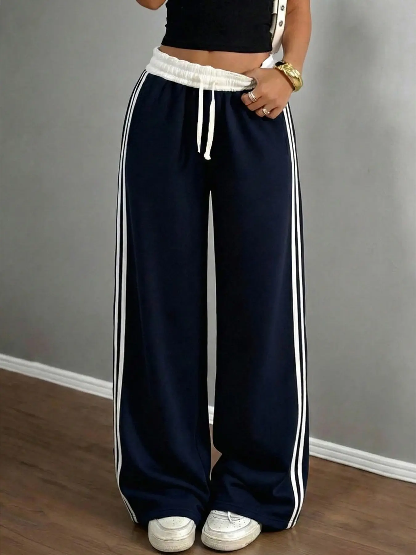 Women's Side Stripe Loose Wide Leg Pants, Casual College Style, Sexy Hip Hop Street Dance Home Wear, All Seasons Long Pants
