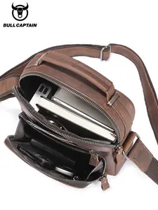 BULLCAPTAIN Men's Retro Mad Horse Leather Handbag, Single Shoulder Crossbody Bag, Stylish Crossbody Bags, Leather Satchel, 10 Inch Tablet PU Computer Phone Large Capacity