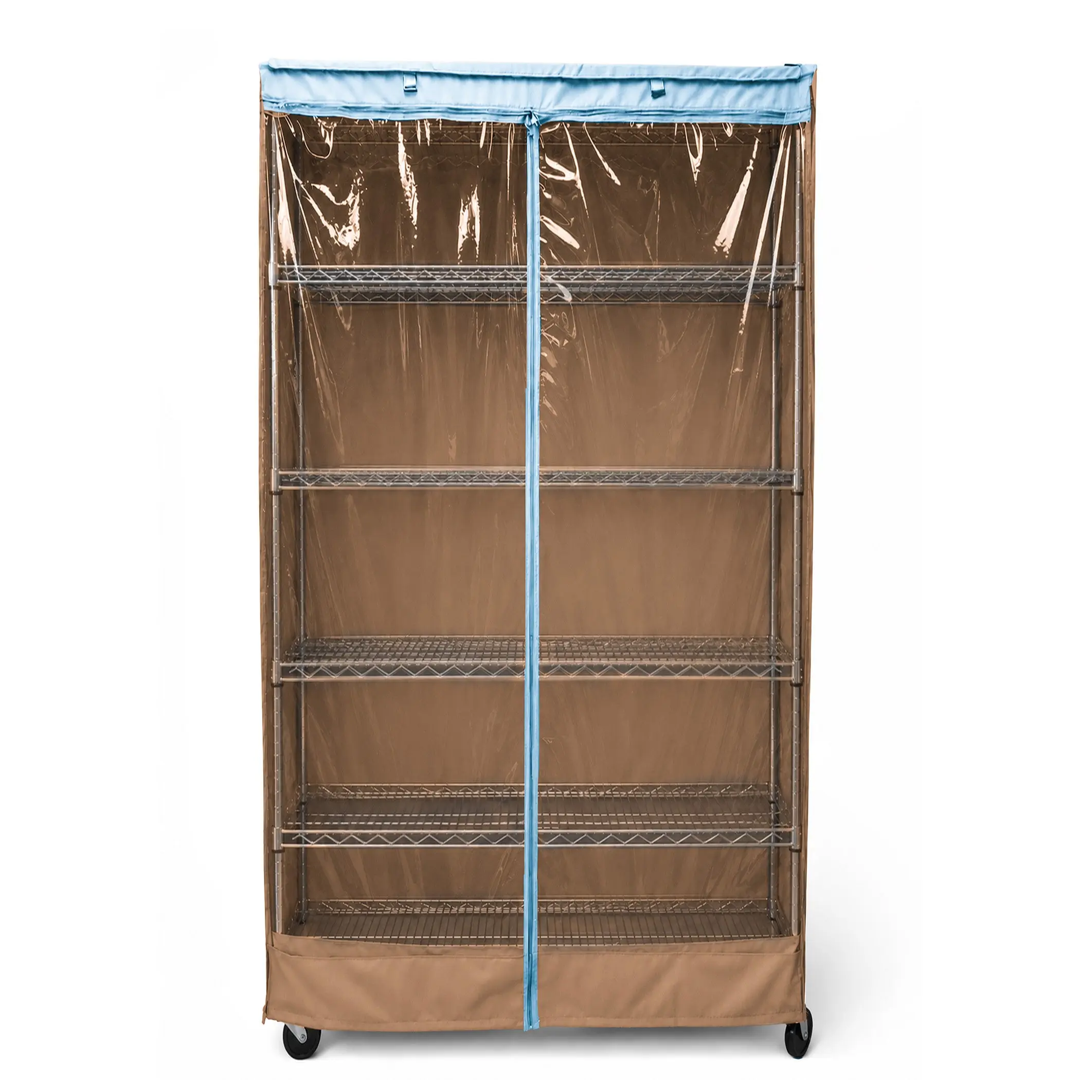 Storage Shelving Unit Cover, fits racks 36"W x 18"D x 72"H one side see through panel in Beige Khaki and Blue Trim Clear Pvc