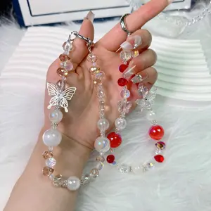 Beaded butterfly single-chain mobile phone pendant - Fashionable mobile phone lanyard chain and bracelet design for women, fashionable wristband hnsl-01