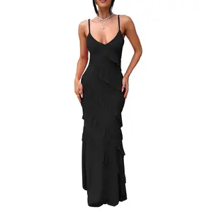 HOCILLE Women's Sexy Adjustable Spaghetti Straps Bodycon Sleeveless Ruffle Maxi Long Party Dress Solid Color Stretch Mesh Slim Casual Dress Cocktail Dresses Formal 2025 Back to School Homecoming Maxi Dresses