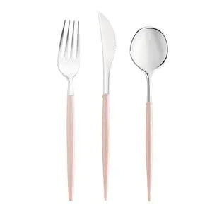 Silver with Pink Handle Moderno Disposable Plastic Cutlery Set - 20 Spoons, 20 Forks and 20 Knives