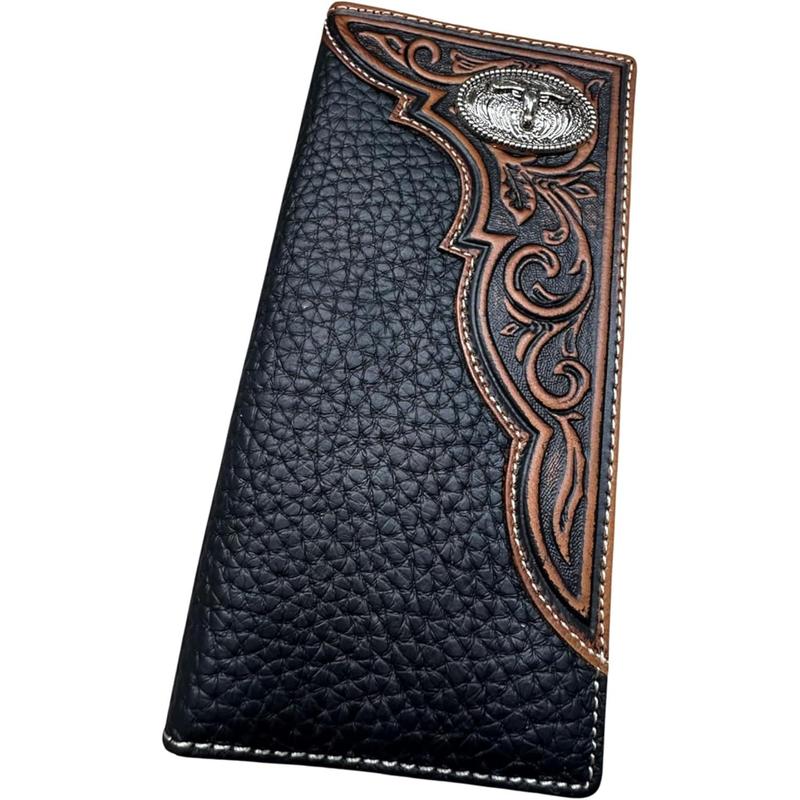 Mens Tooled Long Wallet Longhorn Concho Bifold Card Holder Soft Brown Coffee Leather Western Charm Everyday Use Ultra-strong Stitching Durability