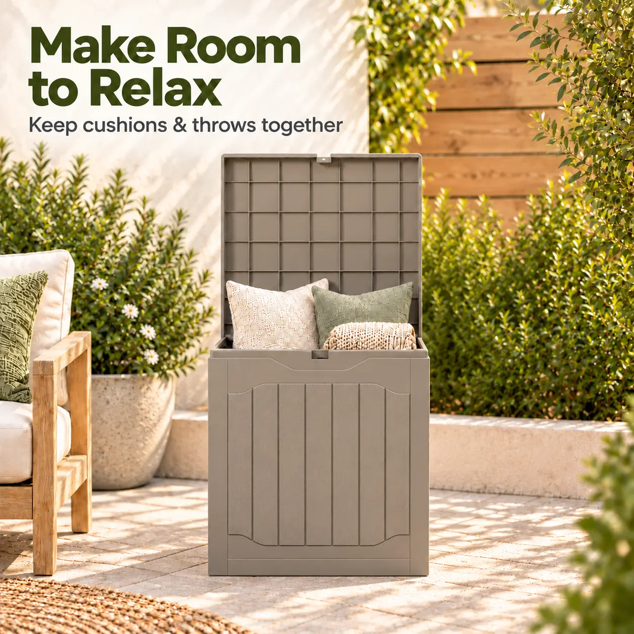 Greenvelly 35 Gal Outdoor Deck Storage Box, Resin Patio Container with Handles, Lockable Lid for Cushions, Blankets and Seat