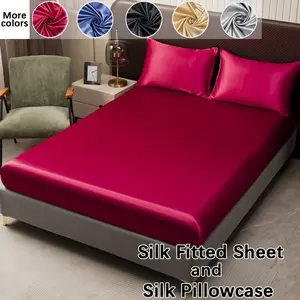 Solid Color Satin Silky Fitted Sheet Set, 1 Set Including 1 Fitted Sheet & 1/2 Pillowcase without Filler, Soft Bedding Set for Bedroom, Guest Room, Hotel