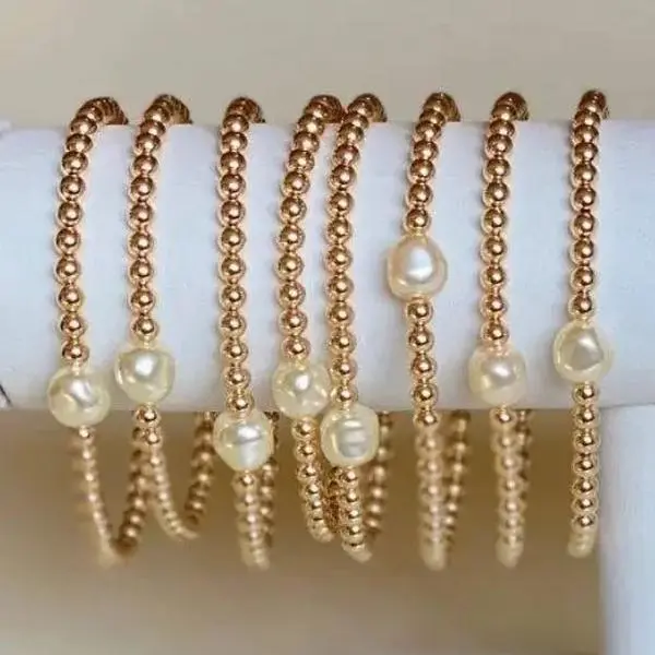 Single Pearl & Gold Beaded Stretch Bracelet