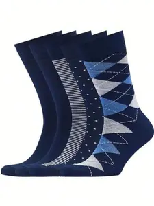 5 Pairs Men's High-Cut Solid Socks, Business Style Premium Sports Socks, Long Cuff Checkered Socks, Comfortable Breathable All-Season Socks