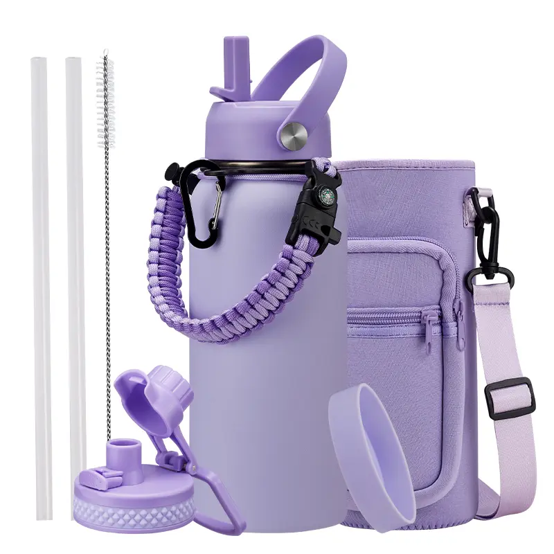 32 oz Water Bottle with Straw - 40/64/128 oz Insulated Vacuum Water Flask with Straw & Auto Spout Lid, Paracord Handle & Carrying Pouch, Keep Cold 48H Hot 24H, Sweat-Proof Thermal Water Jug with Strap for Hiking