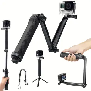 4-In-1 Camera Monopod for Gopro & Action Cameras, Foldable Selfie Stick with Tripod, Non-Slip Handle, Grip, Compatible with Gopro Hero Series