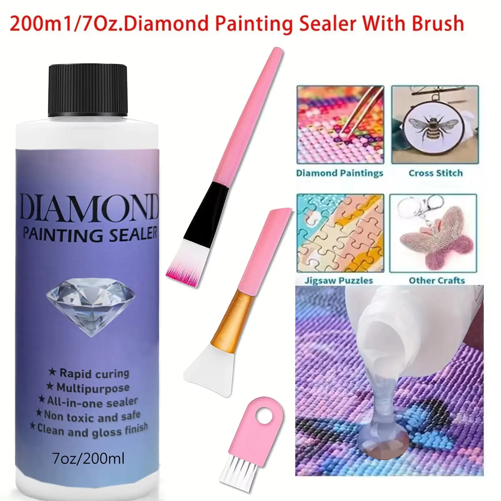 Diamond Art Painting Sealer Kit with 3 Brushes, 5D Diamond Art Glue Multipurpose for Permanent Shine Effect, Puzzle Sealant for DIY Crafts, Diamond Painting Tools