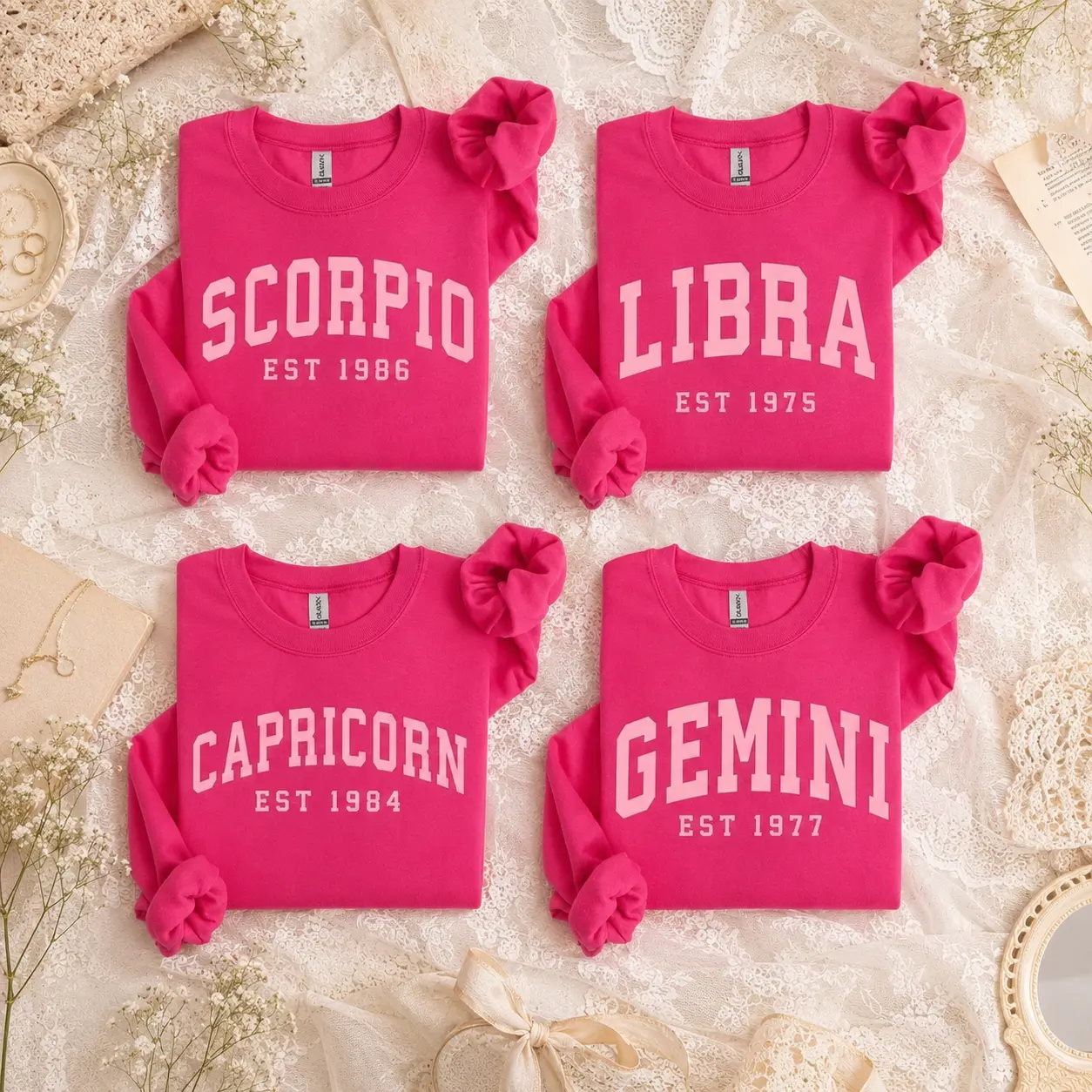 Personalized Zodiac Sign Sweatshirt, Heliconia Color, Custom EST Birth Year Crewneck, Astrology Sweatshirt, Horoscope Crewneck, Birthday Gift for Her, Custom Zodiac Gift - DarkFlex