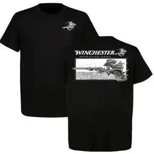 🤠[Graphic Tee]Winchester Repeating Arms T-Shirt – Skeleton Cowboy Graphic Tee, White Cotton Unisex Crewneck, Menswear Western Hunting Shirt, Firearms & Cowboy Fans Gift, Casual Streetwear Top, Short Sleeve Everyday Wear, TikTok-Friendly Graphic Tee