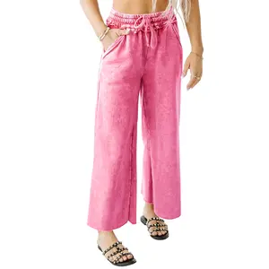 miduo Womens Elastic High Waist Drawstring Wide Leg Cropped Mineral Wash Lounge Pants with Side Pockets Casual Trousers Bottom